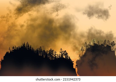 The conflagration in the mountain forest. Fire spread rapidly through the trees. Tons of black realistic smoke above the woods. Vector illustration of major nature disaster.