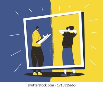 Conflict. Adult man vs woman concept. Pair of people during argument. Quarrel concept. Bad relationship between friends or family members. Vector flat color illustration.