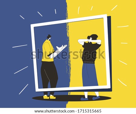 Conflict. Adult man vs woman concept. Pair of people during argument. Quarrel concept. Bad relationship between friends or family members. Vector flat color illustration.
