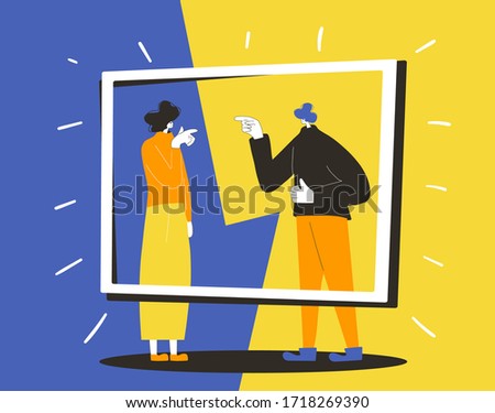 Conflict. Adult man vs woman concept. Pair of people during argument. Quarrel concept. Bad relationship between friends or family members. Vector flat color illustration.