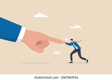 Conflict against boss or employer, david and goliath, fight against super power people, challenge and ambition to do right thing, brave businessman fight and keep pushing against giant business hand.