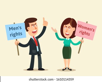 Conflict of aggressives activists men's rights and women's rights. Dispute between man and woman over rights of their gender. Concept of gender conflict. Vector illustration, cartoon style, isolated.