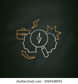 Conflict analysis chalk icon. Search conflict causes. Dispute between colleagues. Disagreement at work. Misunderstanding. Isolated vector illustration on chalkboard