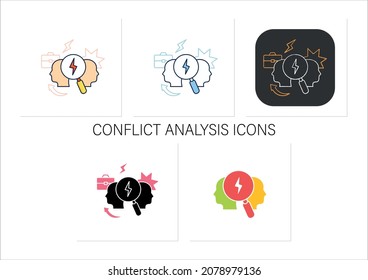 Conflict Analysis Icons Set. Search Conflict Causes.Dispute Between Colleagues. Disagreement At Work. Misunderstanding.Collection Of Icons In Linear, Filled, Color Styles.Isolated Vector Illustrations