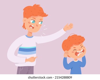 Conflict Of Angry Father And Crying Son Vector Illustration. Cartoon Dad Arguing, Screaming To Unhappy Kid Covering Ears With Hands, Adult Man Yelling Afraid Child. Family Rules, Discipline Concept