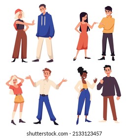 Conflict, Angry People In Quarrel. Cartoon Characters Girls, Guys In Bad, Toxic, Relationship. Abuse Talk, Annoyed Conversation, Misunderstanding. Set Of Flat Vector Illustrations Isolated On White