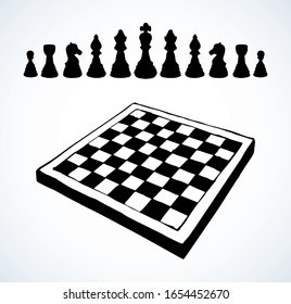 Conflict attack choice white wood table. Black line ink hand drawn castle tower toy move match plan defeat logo emblem concept design sketch. Retro art doodle cartoon style chessmen shot render winner