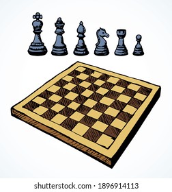 Conflict attack choice white wood table. Black line ink hand drawn castle tower toy move match plan defeat logo emblem concept design sketch. Retro art doodle cartoon style chessmen shot render winner
