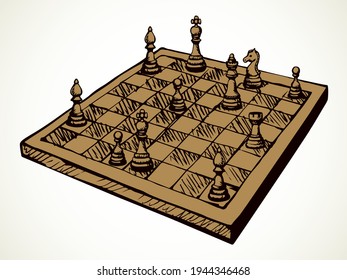 Conflict Attack Choice White Wood Table. Black Line Ink Hand Drawn Castle Tower Toy Move Match Plan Defeat Logo Emblem Concept Design Sketch. Retro Art Doodle Cartoon Style Chessmen Shot Render Winner