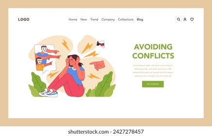 Web de evitación de conflictos o aterrizaje. Chica abrumada en medio de agresivas acusaciones en línea y fuera de línea, cerrando y buscando la paz. Estrés mental de la era digital. Ilustración vectorial plana