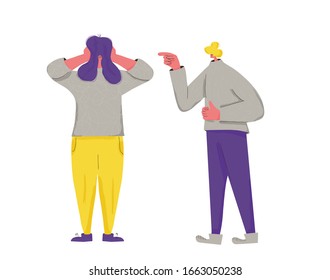 Conflict. Bad relationship between friend or family members. Scared person putting his hands over his ears and other character yelling and pointing finger. Vector flat color illustration.