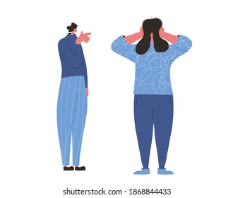 Conflict. Bad relationship between friend or family members. Scared person putting his hands over his ears and other character yelling and pointing finger. Vector flat color illustration.