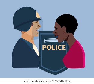 Conflict Between An African American Woman And A Policeman. African American Woman Supports Movement Black Lives Matter. Social Action Against Racism In USA