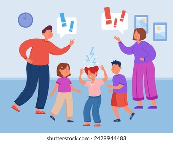 Conflict between brother and sisters vector illustration. Parents confused. Younger sister being offended. More siblings worsening mental health. Family relationships concept