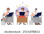 Conflict between business people and toxic and selfish colleague that interferes with work, sitting at desk in office. Problem of toxic clerks in company, worsening friendly atmosphere in team