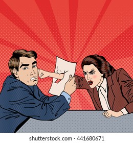 Conflict Between Businessman and Businesswoman. Disagreement on Business Negotiations. Pop Art. Vector illustration