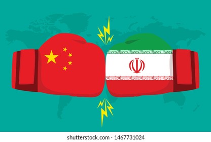 Conflict between China and Iran world map background. Two hand with boxing gloves fighting.