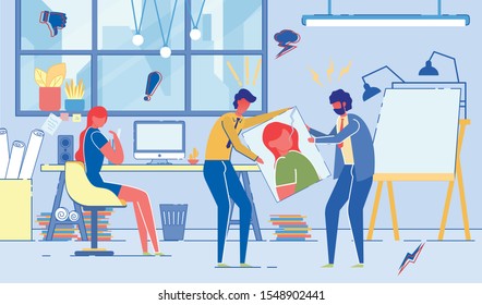 Conflict between Colleagues, Employees in Creative Design Studio or Advertising Agency. Stressful Aggressive Work Environment, Wrong Low Effective Teamwork. Flat Cartoon Vector Illustration.