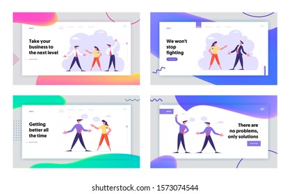 Conflict Between Colleagues or Office Workers Website Landing Page Set. Businesspeople Arguing and Having Quarrel at Work, Fighting Business Employees Web Page Banner. Cartoon Flat Vector Illustration
