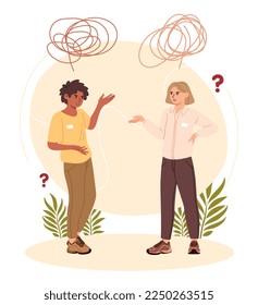 Conflict between concept. Man and woman criticize each other, dispute and discontent. Feelings, facial expressions and gestures, emotions. Parents and children. Cartoon flat vector illustration