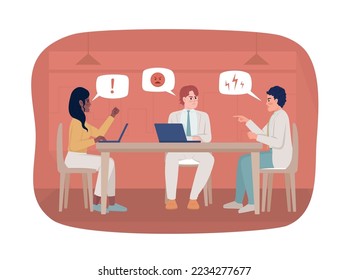 Conflict between coworkers 2D vector isolated illustration. Aggressive communication in team flat characters on cartoon background. Colorful editable scene for mobile, website, presentation