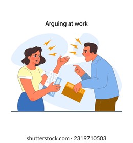 Conflict between coworkers. Tensed argument of two employees. Confrontation of business colleagues. Aggressive quarrel between man and woman. Flat vector illustration