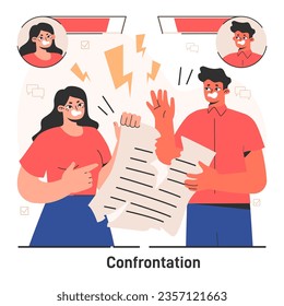 Conflicto entre compañeros de trabajo. Tenso argumento de dos empleados. Enfrentamiento de colegas de negocios. Disputa agresiva entre hombres y mujeres. Ilustración vectorial plana