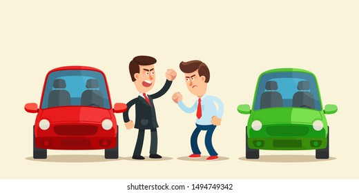 Conflict between drivers on the road. Two aggressive men argue on the street. Traffic accident. Vector illustration, flat design, cartoon style. Isolated background, side view.