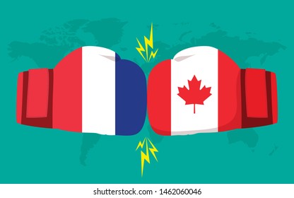 Conflict between France and Canada world map background. Two hand with boxing gloves fighting.