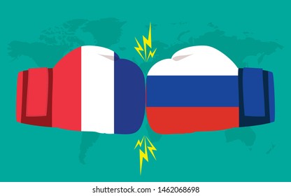 Conflict between France and Russia world map background. Two hands with boxing gloves fighting.