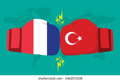 Conflict between France and Turkey world map background. Two hand with boxing gloves fighting.