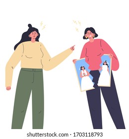 Conflict between gay womans.Quarrel of young females.Relationship crisis.Angry couple wants to divorce.Flat cartoon characters isolated on white background.Colorful vector illustration.