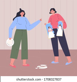 Conflict between gay womans.Quarrel of young females.Relationship crisis.Angry couple wants to divorce.Flat cartoon characters isolated on white background.Colorful vector illustration.