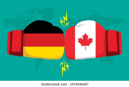 Conflict between Germany and Canada with world map background. Two hand with boxing gloves fighting.