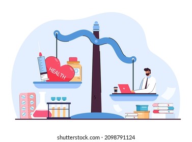 Conflict Between Health And Work Of Employee On Unbalanced Scale. Comparison Of Healthy Life Of Person And Office Career Flat Vector Illustration. Responsibility For Health, Medical Insurance Concept