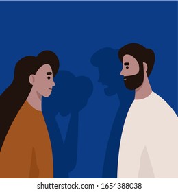 Conflicto entre marido y mujer. Violencia doméstica y abuso. Iluminación. Divorcio. Ilustración vectorial plana.