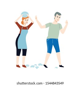 Conflict between husband and wife. Quarreling couple. Angry woman beats the dishes while her angry and nervous husband leaves. Vector flat cartoon illustration