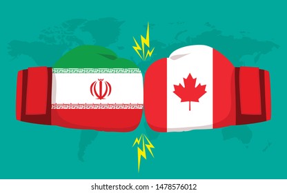 Conflict between Iran and Canada with world map background. Two hand with boxing gloves fighting.