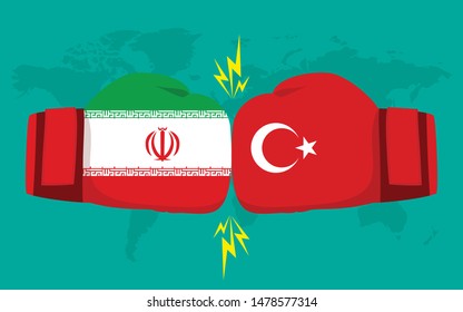 Conflict between Iran and Turkey with world map background. Two hand with boxing gloves fighting.