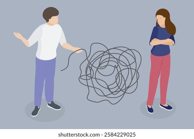 Conflict between man and woman. Couple quarrels. Guy trying to solve problem and find decision, bad atmosphere in family. Cartoon flat isometric vector illustration.