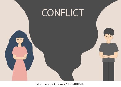 A conflict between a man and a woman. The problem is interpersonal relationships. Upset girl and boyfriend. Misunderstanding each other