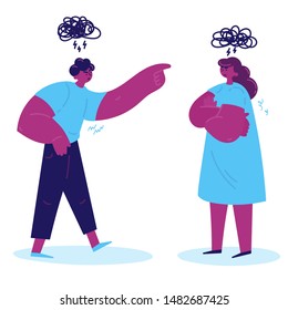 The conflict between a man and a woman.The man yells at the woman, and she gets mad at him. Stop domestic violence. Vector.Illustration