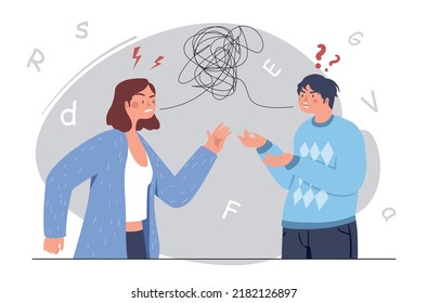 Conflict between man and woman. Young couple quarrels, screams and scandals. Guy and girl scream at each other, problems in relationships, bad atmosphere in family. Cartoon flat vector illustration