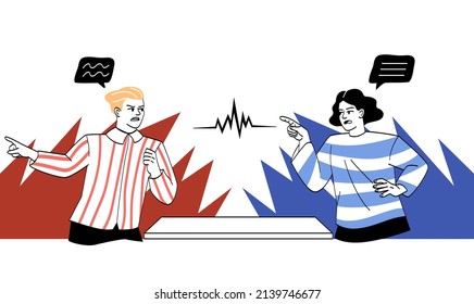 Conflict between opponents concept. Two men argue, quarrel and defend their social position or opinion. Discussion, confrontation or disagreement. Cartoon flat vector illustration in doodle style