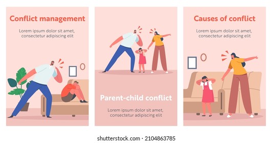 Conflict between Parents and Children Cartoon Banners. Family Characters Mother and Father Yelling on Each Other with Frightened Kids nearby. Dad and Mom Scolding, Blaming. People Vector Posters