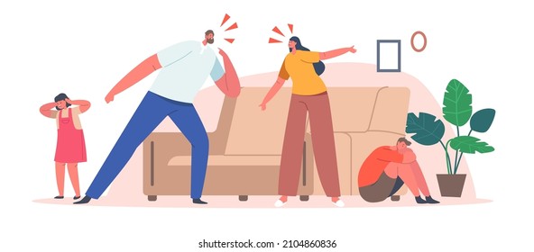 Conflict between Parents and Children Concept. Family Characters Mother and Father Yelling on Each Other with Frightened Kids nearby. Dad and Mom Scolding, Blaming. Cartoon People Vector Illustration