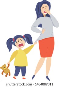 Conflict between parents and children. Vector cartoon illustration in flat style of mother ignores her child.
