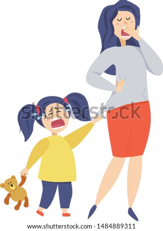 Conflict between parents and children. Vector cartoon illustration in flat style of mother ignores her child.