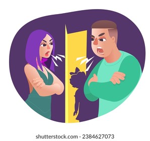 Conflict between parents in the presence of a child. The spouses shout at each other, the child hears and sees this. Difficulty in relationships concept flat vector illustration