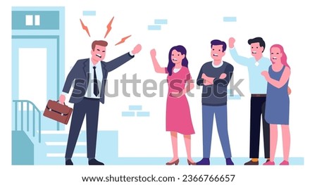 Conflict between residents and building manager. Loud shouting. People argue in house yard. disagreement with homeowner. Neighbors group. Annoyed men and women quarrel